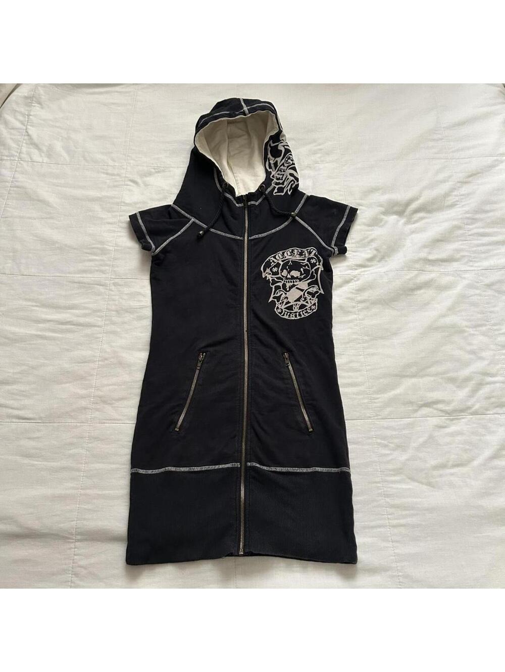D.i.a. Black & white zip up hoodie dress with skull and roses design Size XS
